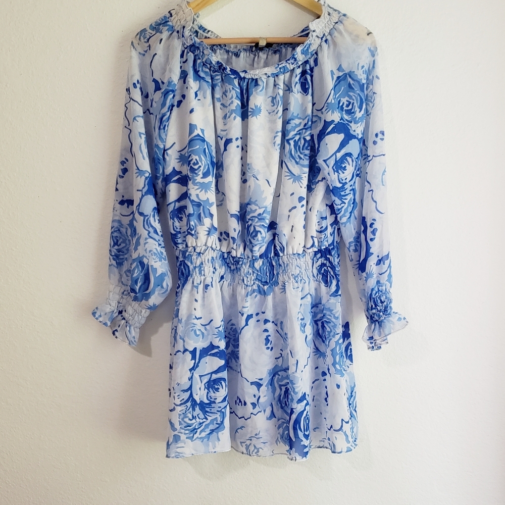 Diane Gilman Sheer Floral Dress Long Sleeve Mini DG2 Size Medium Off Shoulder